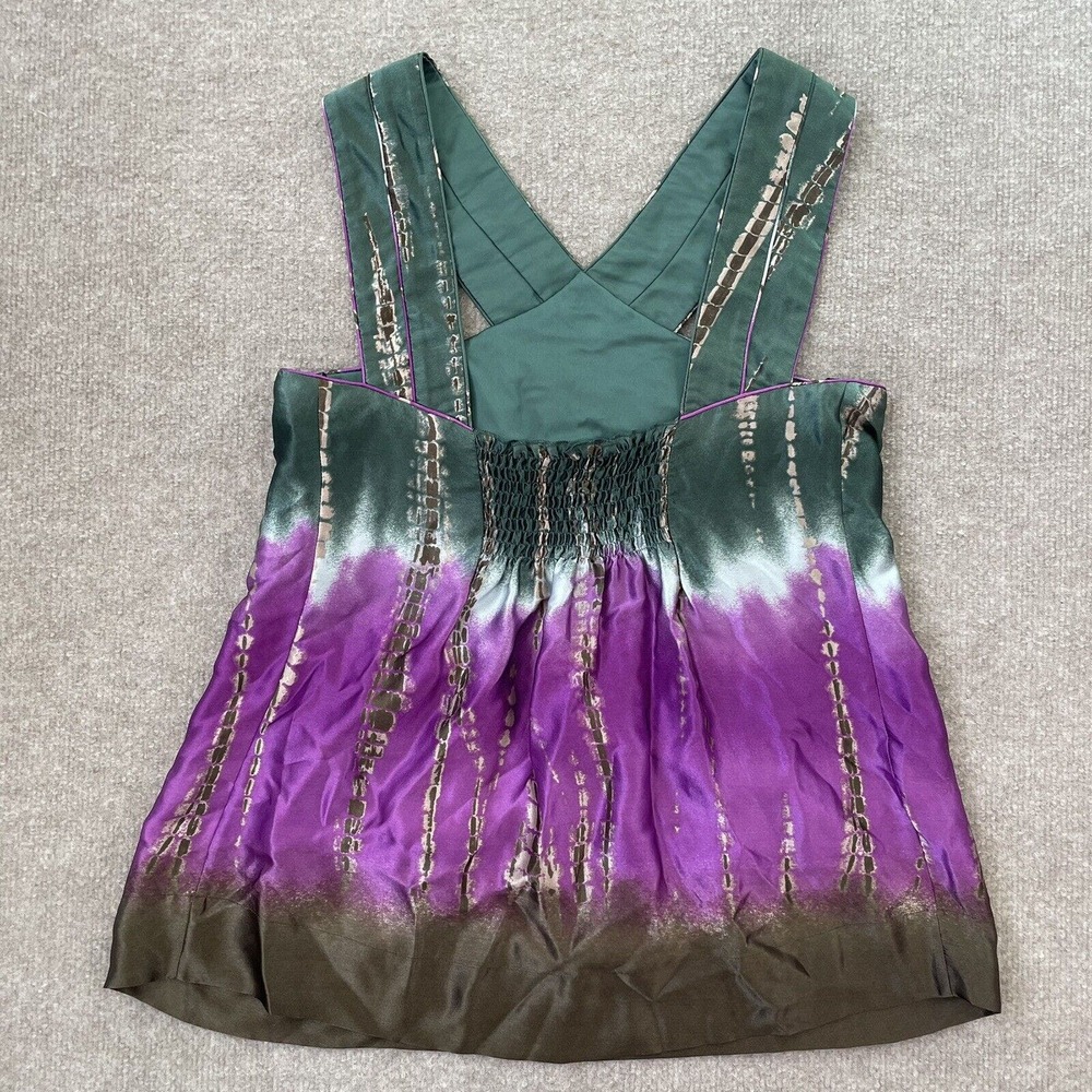 BCBG MaxAzria Silk Top Womens XS Green Purple Sleeveless Tank Shirt Criss Cross - Picture 8 of 9
